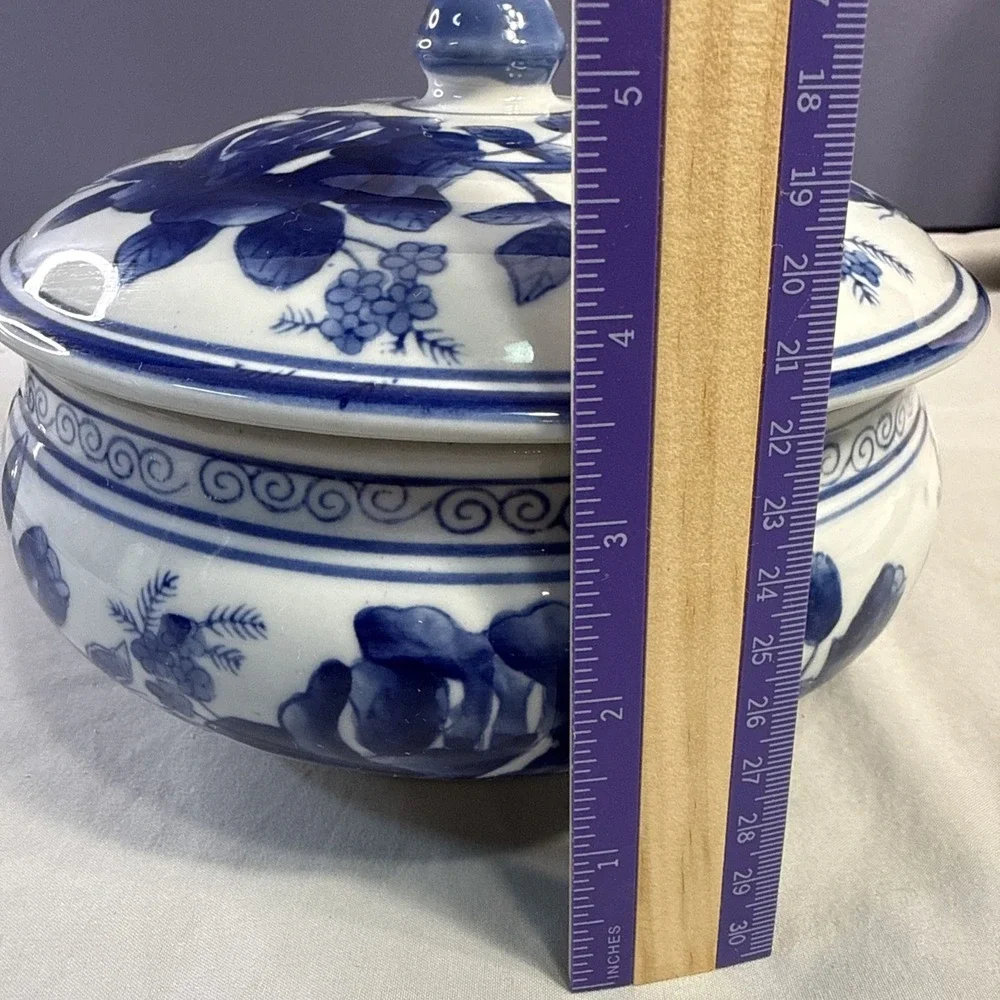 Vintage Asian Lidded Serving Bowl Blue and White Chinoiserie Porcelain Tureen